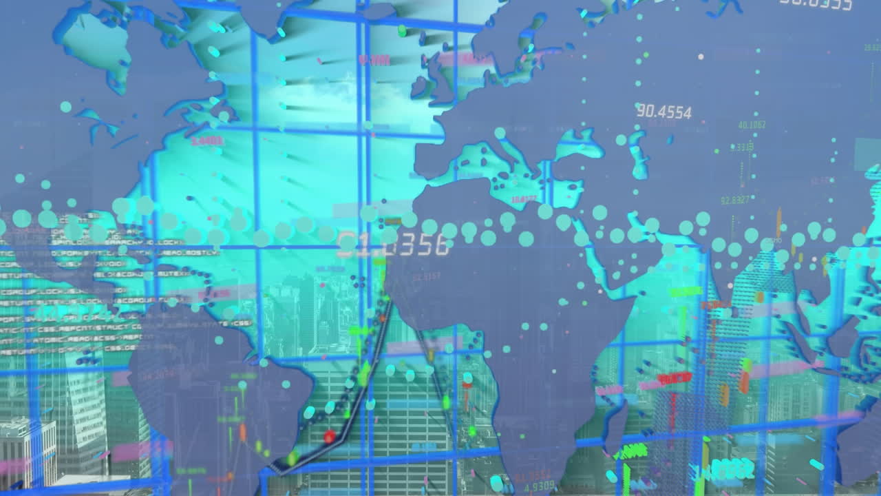데이터 처리 및 도시 풍경에 대한 세계 지도의 애니메이션
