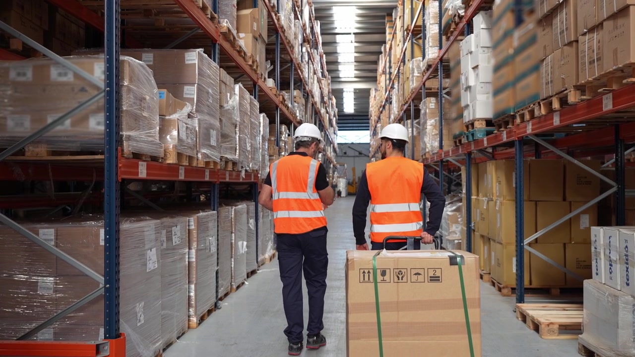 Warehouse Workers Walking and Discussing Logistics in Distribution Center