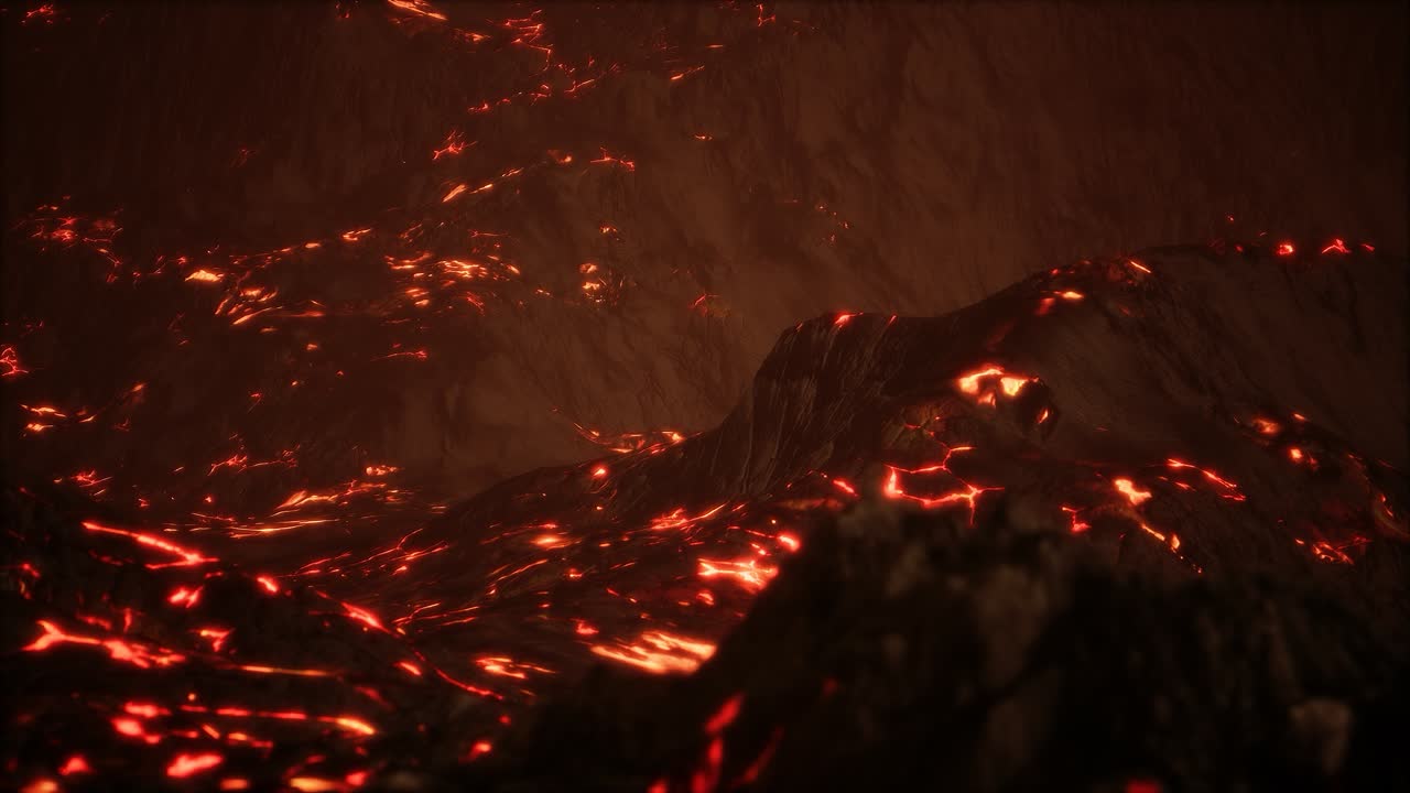 lava fundida roja y vibrante que fluye sobre un campo de lava gris y una tierra rocosa brillante