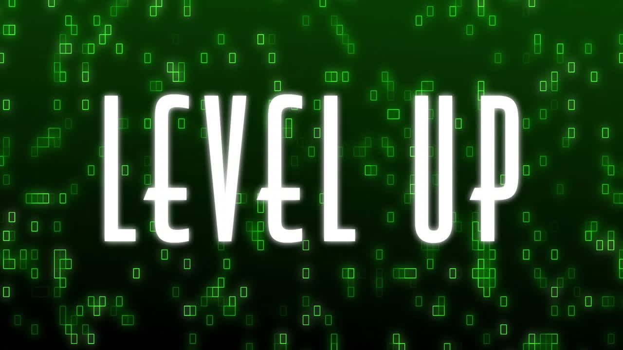 Level up text animation over green digital matrix background