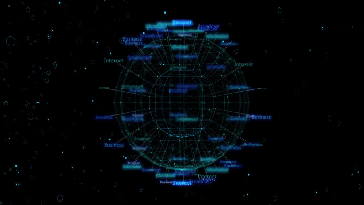 Digital business internet globe visual with glowing network mesh floating labels and dark cyber