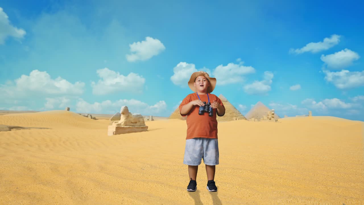 Asian Boy With A Hat Saying Wow After Looking Through The Binoculars. Boy Researcher Examines Something While Traveling In Giza Pyramid, Travel Tourism Adventure Concept, Full Body