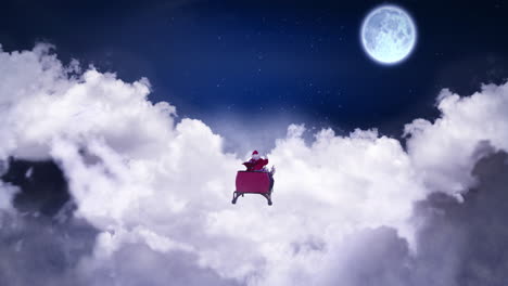 animación de navidad santa claus en trineo con renos sobre nubes y luna llena.