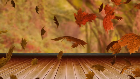 Animation-of-autumn-leaves-falling-over-trees-and-wooden-surface