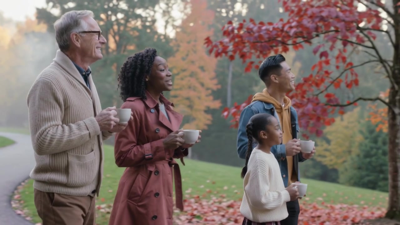 Walking family holding steaming mugs, feeling chilly, wearing coats and admiring red leaves in park