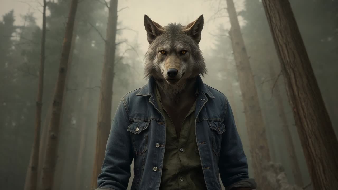 Fog drifting wolf figure emerging staring to intimidate in foggy forest in denim jacket green shirt