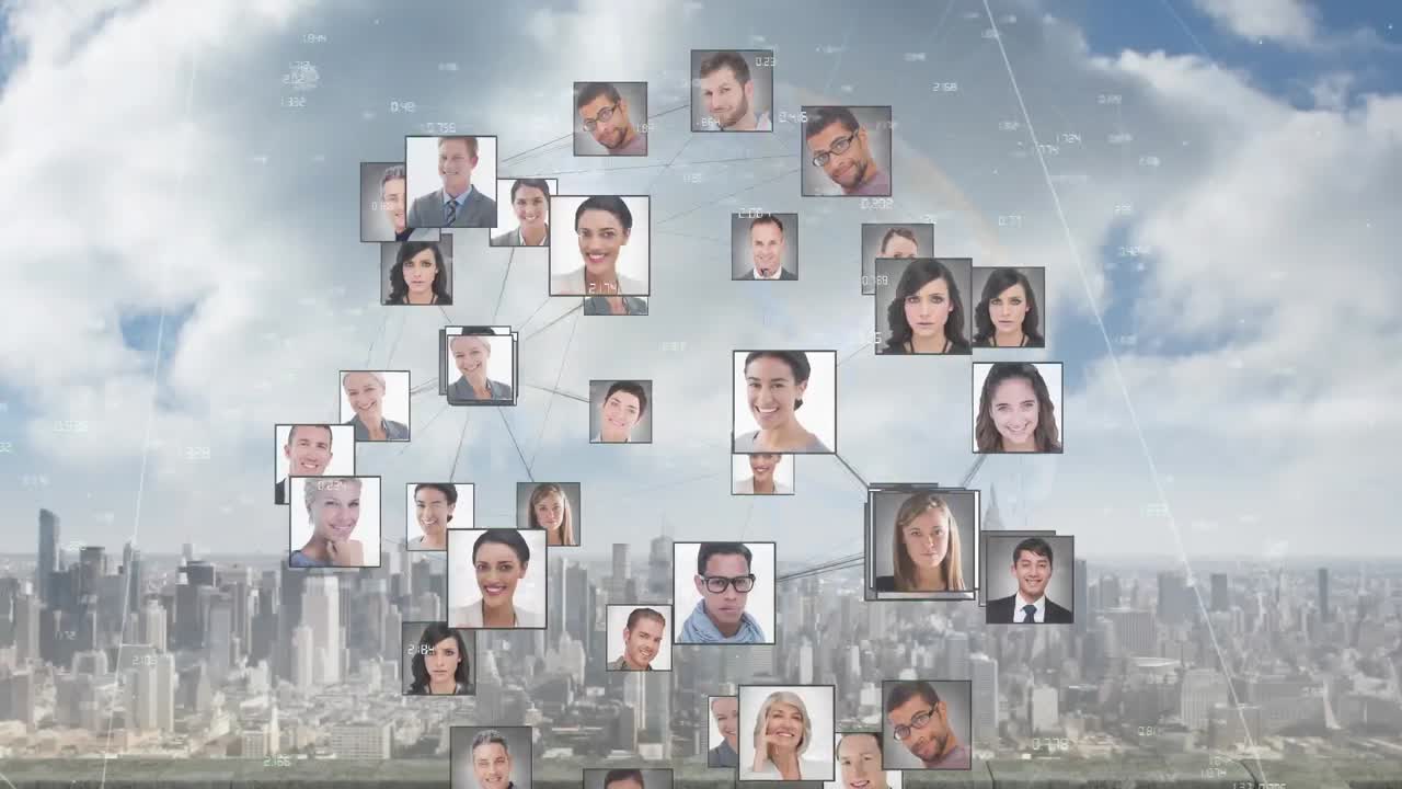 도시 풍경 배경 위 에 사람 들 의 사진 이 그려진 지구 의 애니메이션