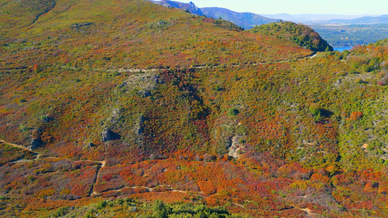 Vista aerea di un paesaggio montano autunnale colorato con lago