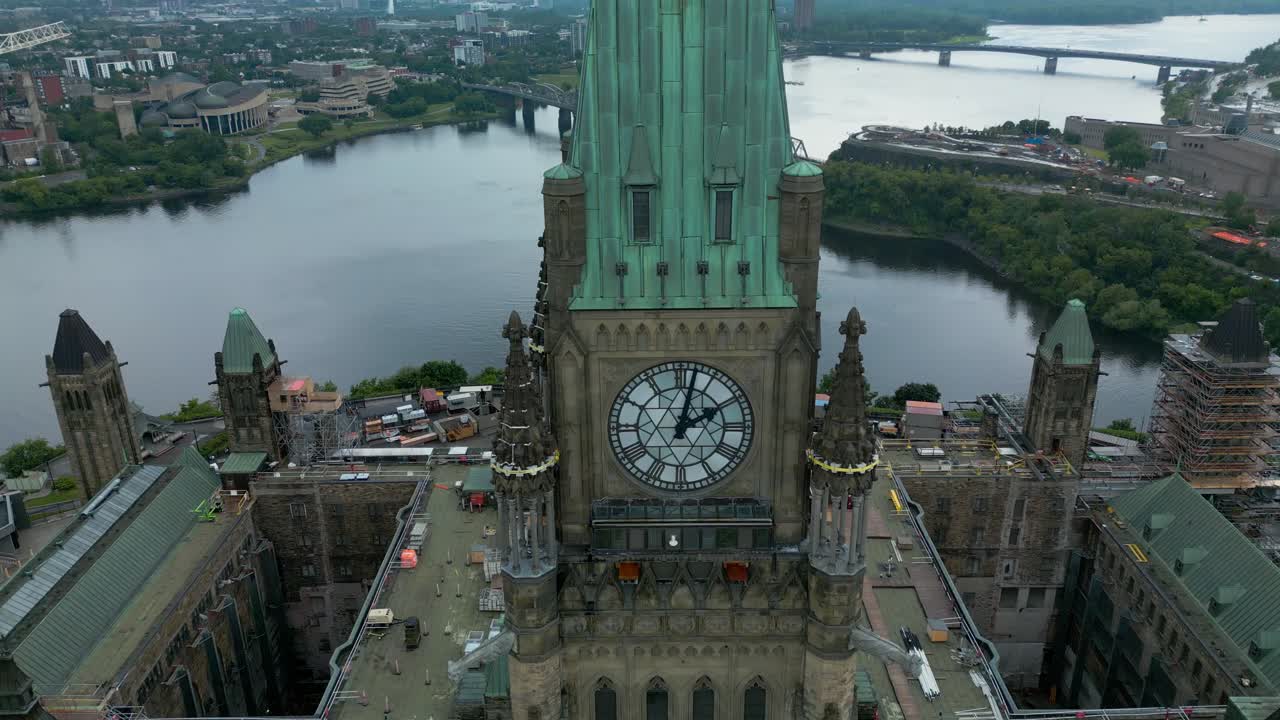 2023 Ottawa front lawn Parliament Hill in Ontario capital city of Canada site with a deep dig excavation in front of the Centre Block drone aerial showing roof iconic tower clock tower dolly roll 3-3