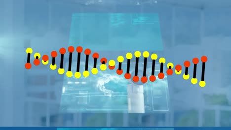 Animation-of-dna-strand-spinning-and-data-processing-over-empty-office