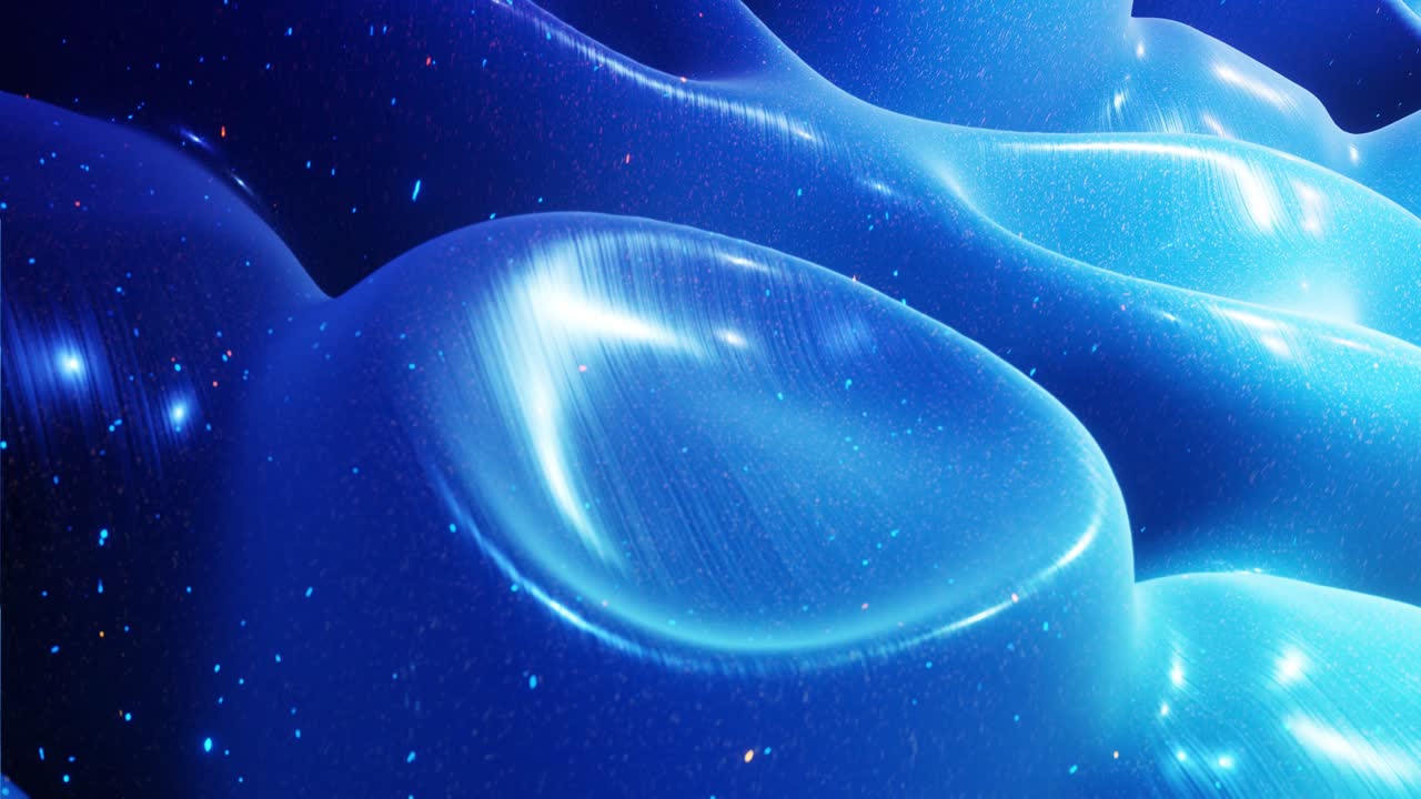 fantastical festive blue bg. Stylish abstract looped background, waves move on glossy surface like landscape made of liquid blue wax with sparkles. Beautiful soft background with smooth animation 4k