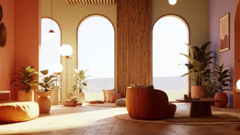 a serene modern living space highlighting natural light, cozy furnishings, and lush greenery for a comfortable and inviting atmosphere