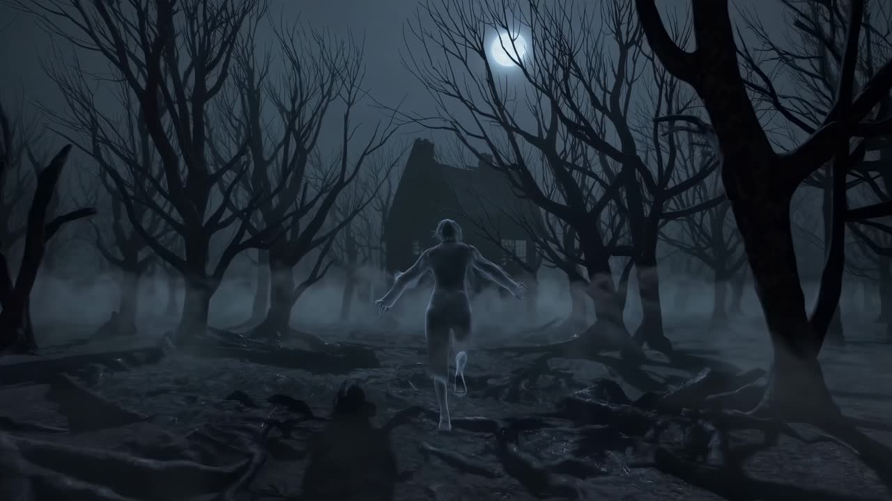 Ethereal figure moves through a foggy forest, surrounded by twisted trees, creating a haunting atmosphere of mystery and suspense in a dark, enchanted landscape