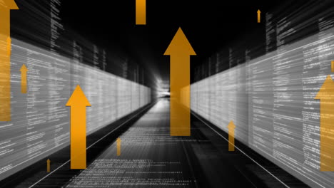 Animation-of-yellow-arrows-and-data-processing-over-computer-servers