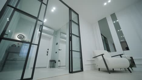 entrada moderna con elegantes puertas de vidrio con marco negro