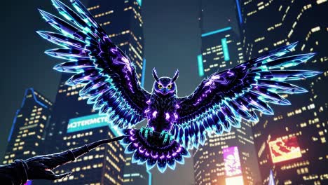 cyberpunk owl in a futuristic cityscape