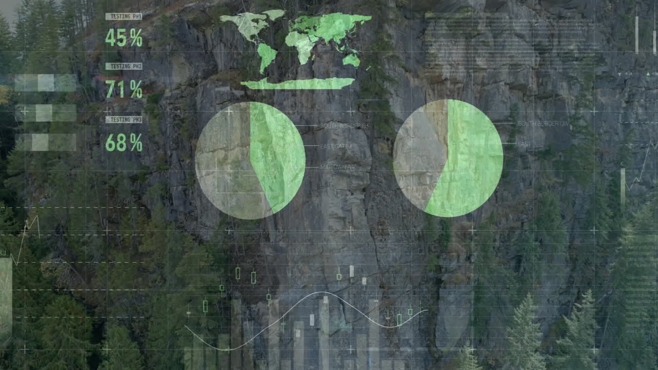 Animated data visualization over rocky cliff landscape with analytics elements