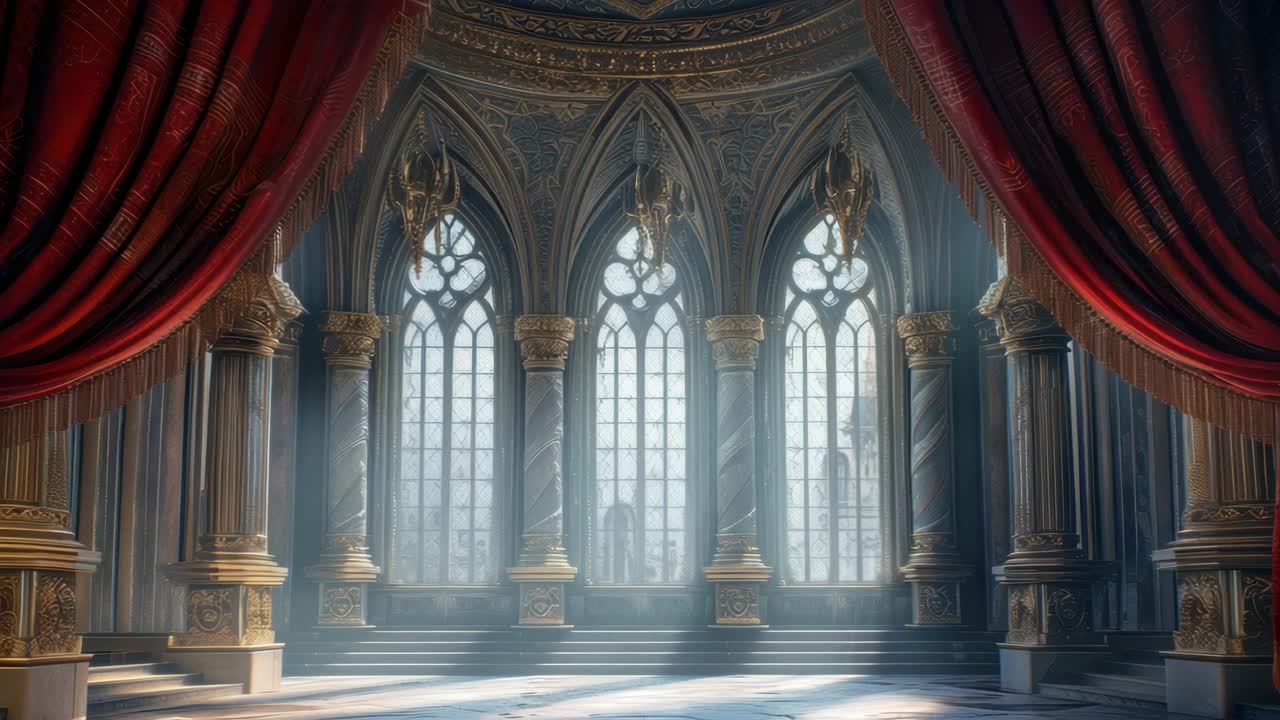 Majestic gothic hall with grand arches and red curtains, captured from ...
