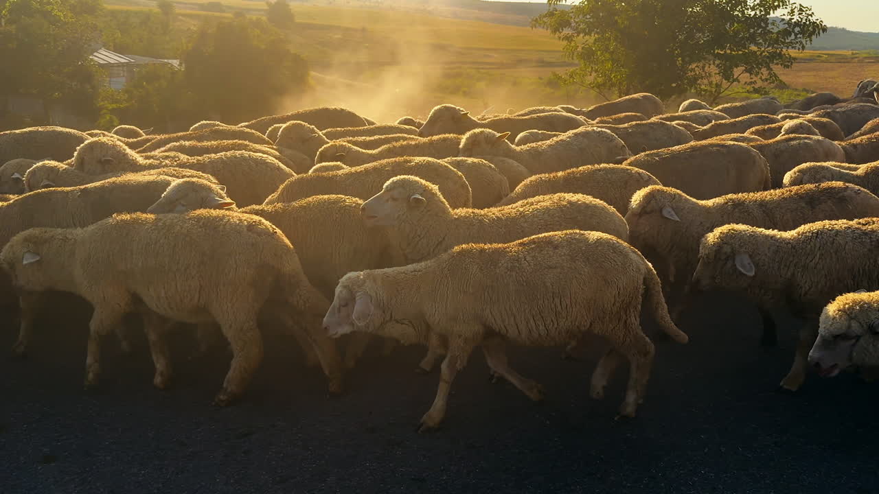 Dirty fluffy sheep walk in the flock in the light of setting sun. Livestock returning home from pasture