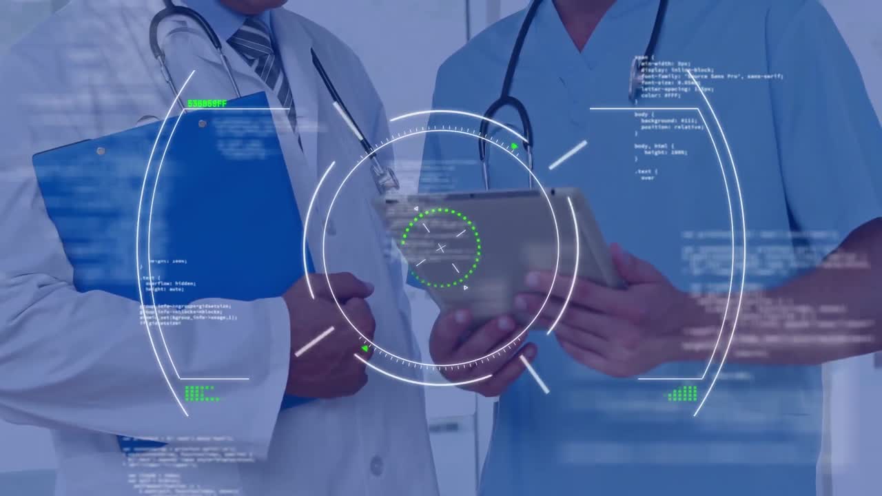 animación del procesamiento de datos y escaneo de alcance sobre diversos médicos en el hospital.