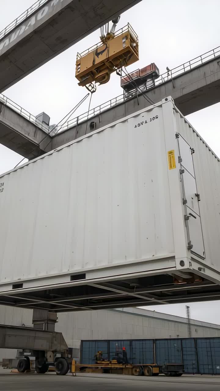 Vertikal video: Spreader låser, kran løfter container i havneområde, besætning i refleksveste justerer.