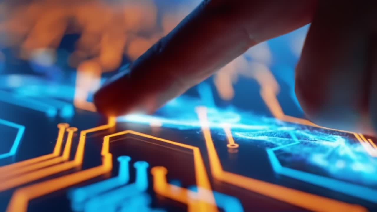 Close-up Interaction with Futuristic Circuit Board: Exploring Digital Technology Through Touch on a Vibrant and Illuminated Interface