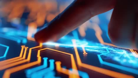close-up interaction with futuristic circuit board: exploring digital technology through touch on a vibrant and illuminated interface
