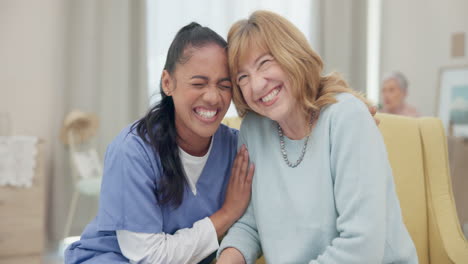 Medical,-support-and-laugh-with-nurse-with-old