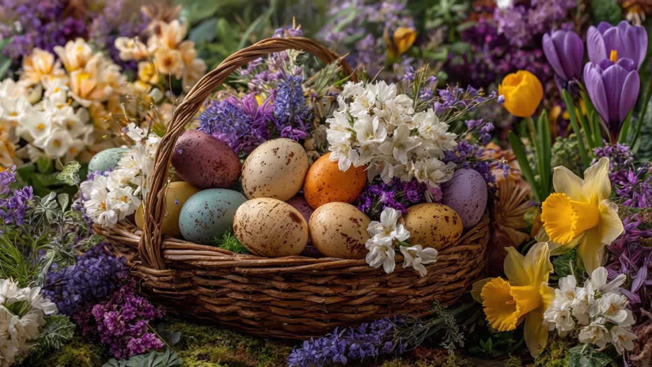 A Beautiful Easter Basket Filled with Colorfully Painted Eggs Surrounded by Blooming Flowers in a Vibrant Spring Garden Celebration