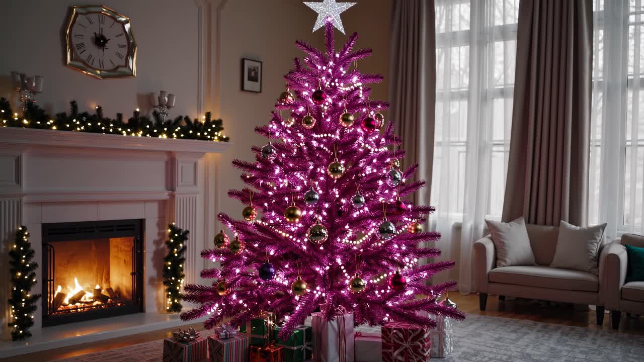Cozy living room with a pink Christmas tree, shot from a wide-angle