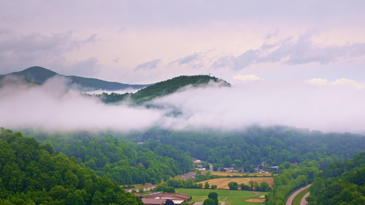 Fog-laced drone shot of the Great Smoky Mountains.
