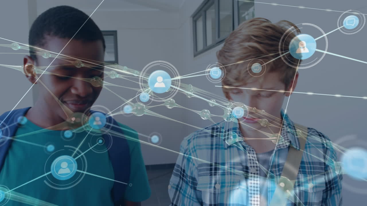 Animation of network of connections with icons over diverse students