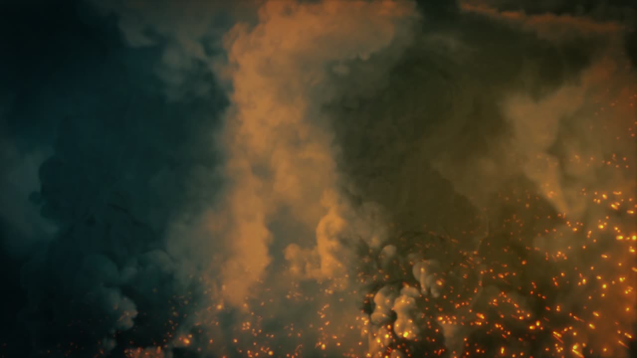 Dark bg with smoke flames and flying sparks
