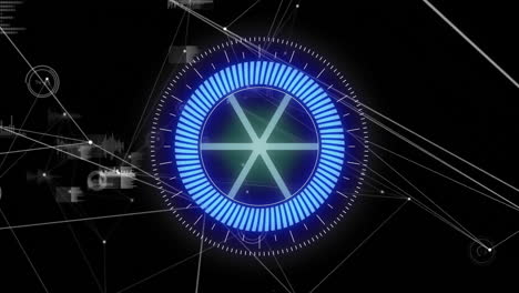 animación del escaneo del alcance, las conexiones y el procesamiento de datos sobre un fondo oscuro