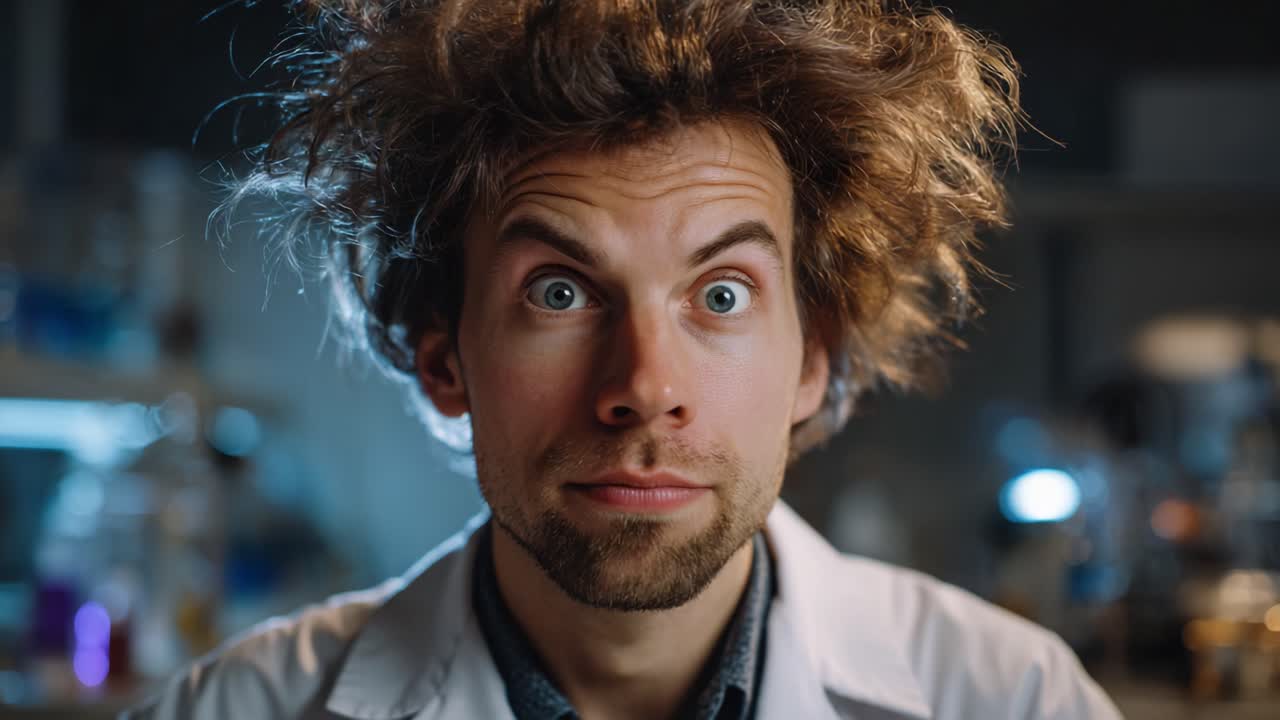 Um cientista surpreso com cabelos espetados reage com espanto em um ambiente de laboratório, capturado em dois frames expressivos de revelação inesperada