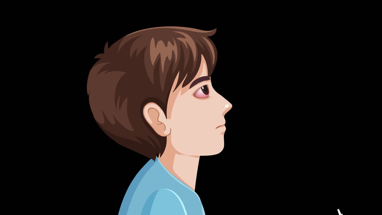 Animated child with conjunctivitis applies eye drops, side profile, black background, smooth transitions