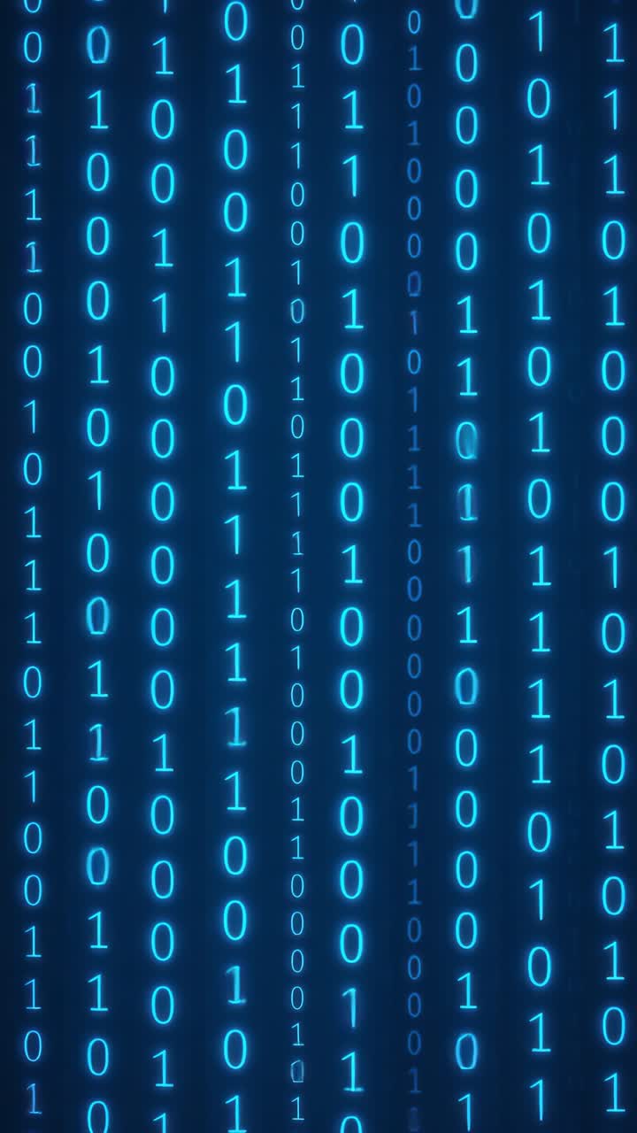 Futuristic video concept with a straight-on camera angle showing glowing binary code in blue