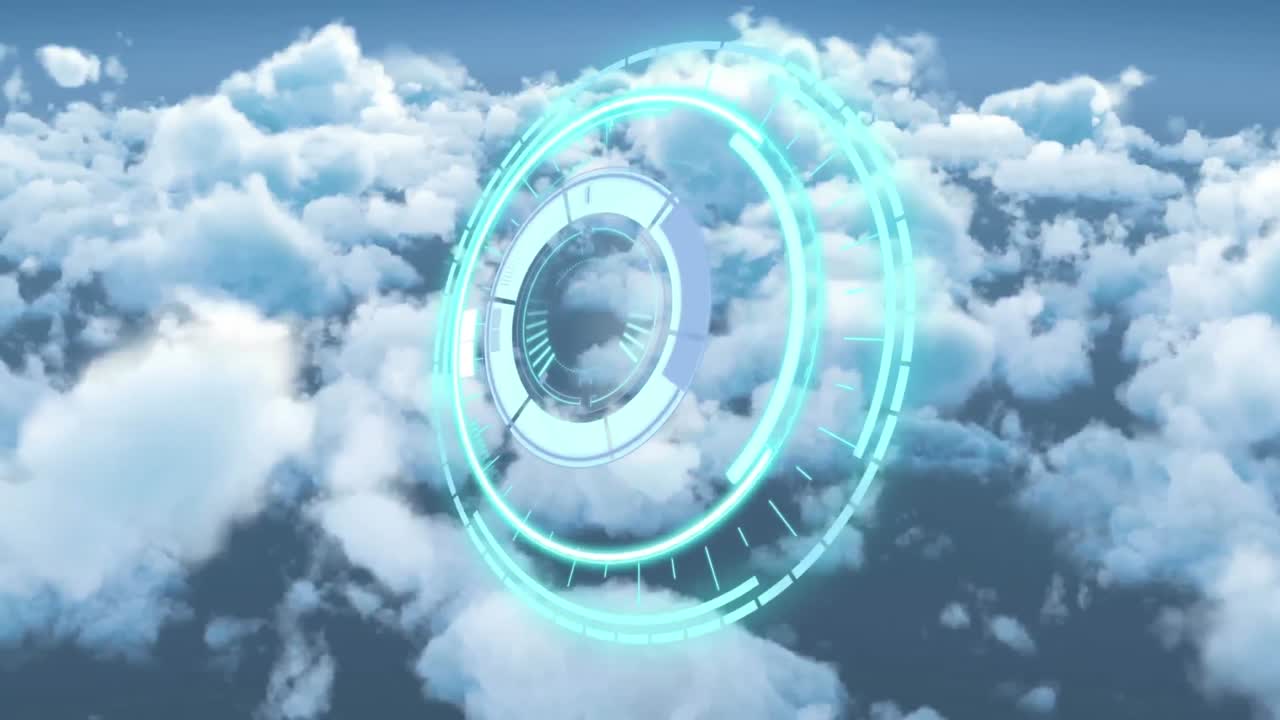 Animation of rotating safe lock with clock hand over clouds