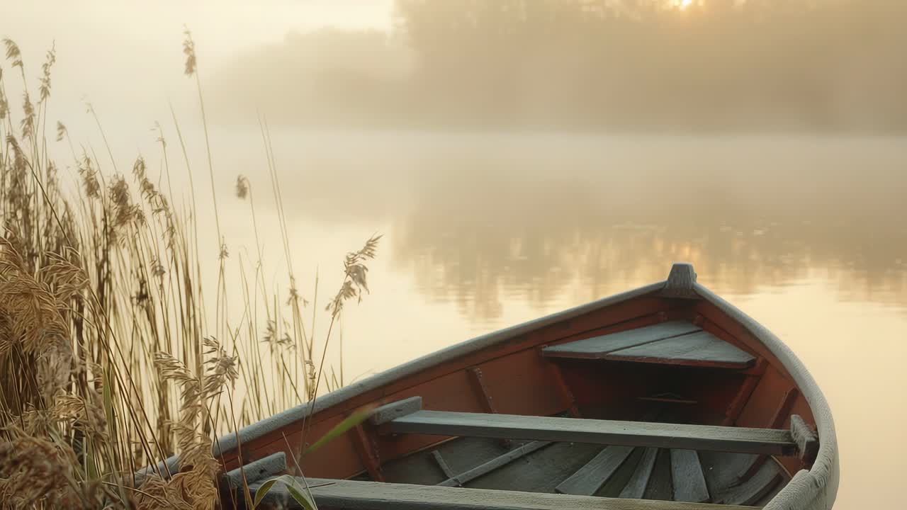 Wooden traditional boat peacefully mooring near misty lake shoreline, surrounded by golden light filtering through reed beds during tranquil sunrise moment