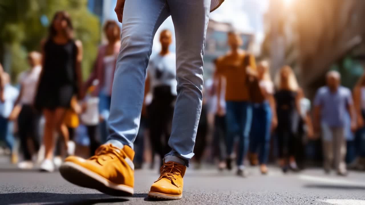 Une scène vibrante capture un individu marchant avec assurance dans une foule animée, mettant en valeur la vie urbaine et l’énergie dynamique des rues de la ville en plein jour.
