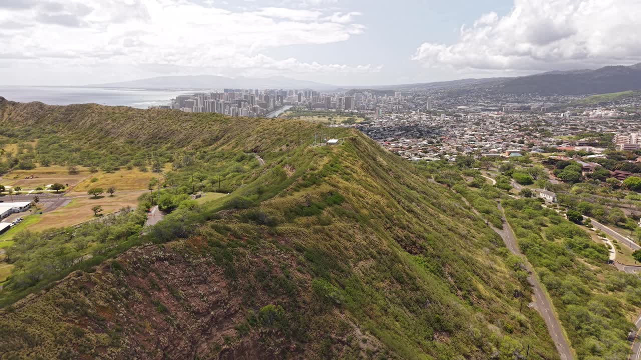 Drone Shot of Diamond Head Volcanic Tuff Cone Above Honolulu City, Oahu Island, Hawaii USA