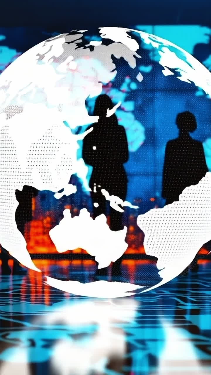 Koneksi global digital. Sosok siluet berdiri di depan tampilan peta dunia yang cerah, melambangkan jaringan global dan keterlibatan digital.