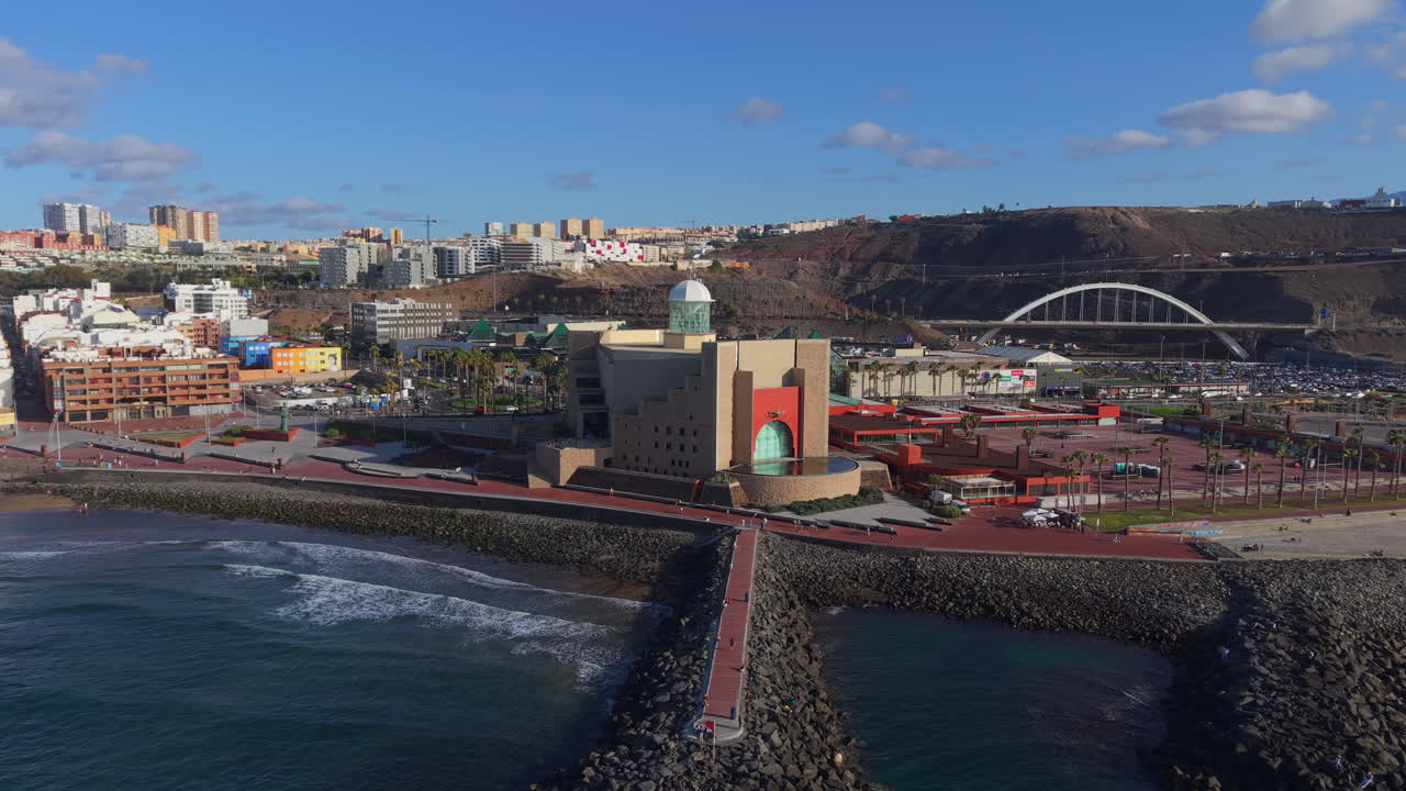 Breathtaking aerial view of the Alfredo Kraus Auditorium at Las Canteras beach in Las Palmas de Gran Canaria
