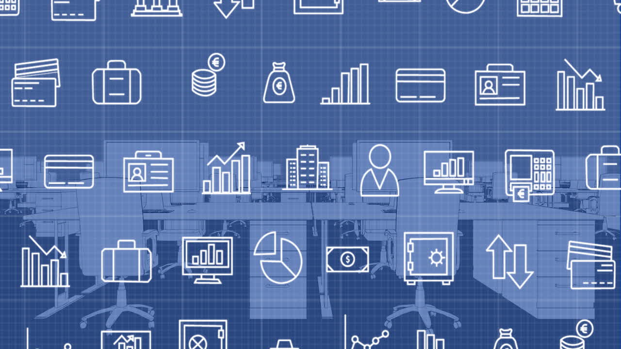 animación de múltiples iconos y patrones de cuadrícula en el lugar de trabajo moderno digital en la oficina