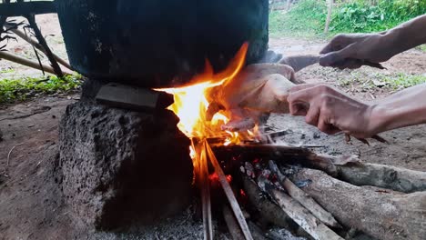 cerca de manos asando pollo sobre fogata