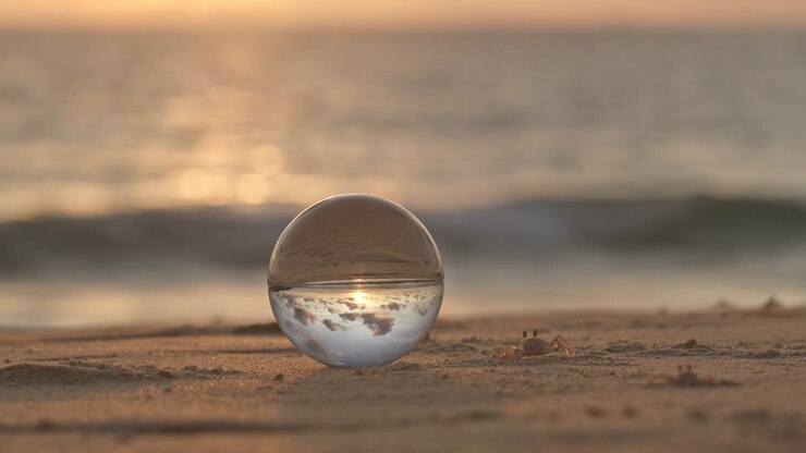 Un granchio che osserva la sfera di cristallo e le cammina intorno al tramonto