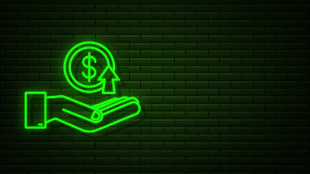 neon ganancias dinero o presupuesto. efectivo y gráfico ascendente flecha en las manos. ganancias de capital, beneficio. gráfico de movimiento