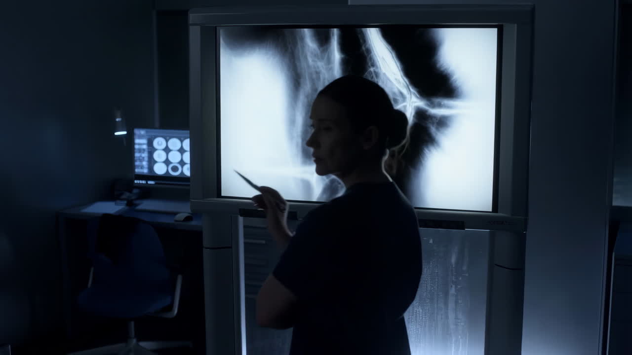 Medical professional examining X-ray images in a dark lab