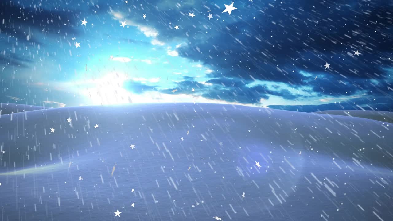 Sun cresting horizon starting snow descending and star flakes drifting showing dawn snowfall