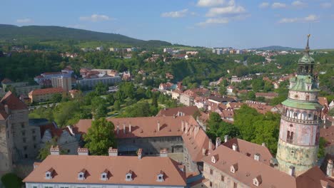 Smooth-aerial-top-view-flight-Krumlov-castlein-czech-republic-Cesky-in-Europe,-summer-of-2023